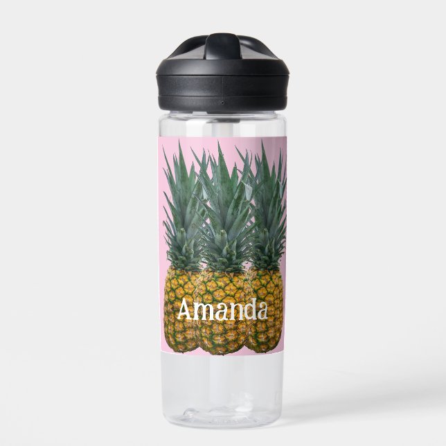 Personalised Pineapple on Pastel Pink  Water Bottle (Front)