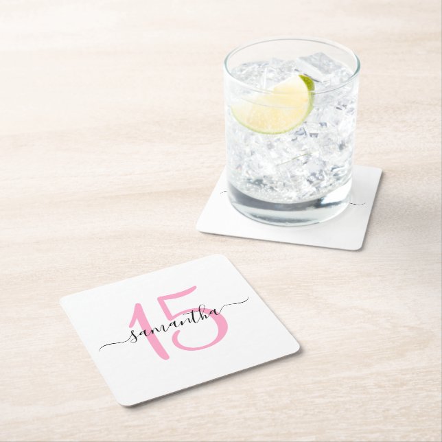 Personalised Pink 15th Birthday Square Paper Coaster (Insitu)