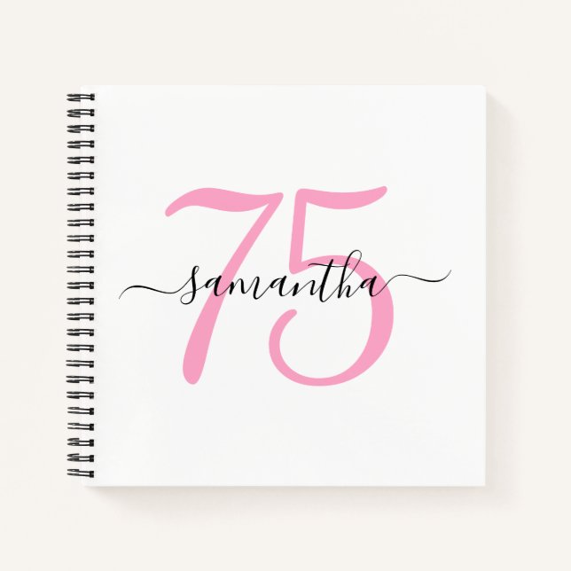 Personalised Pink 75th Birthday Guestbook Notebook (Front)