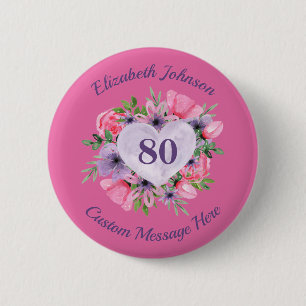 Personalised Pink 80th Birthday Button