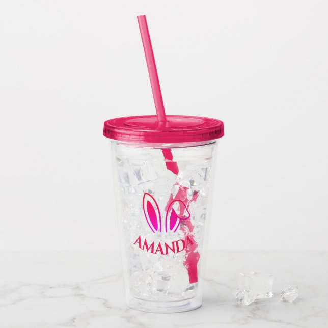 Personalised Pink Acrylic Tumbler with Bunny Ears (Front Ice)