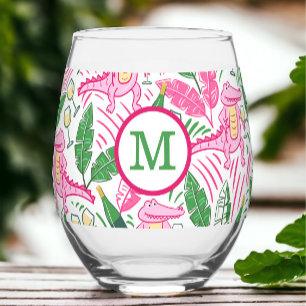Personalised Pink Alligator Stemless Green Initial Wine Glass