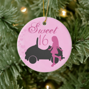 Personalised Pink and Black Car Sweet 16 Sixteen Ceramic Ornament