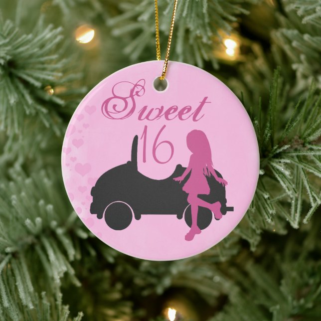 Personalised Pink and Black Car Sweet 16 Sixteen Ceramic Ornament (Tree)