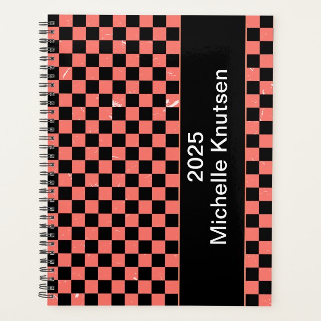 Personalised pink and black Chequerboard 2025      Planner (Front)