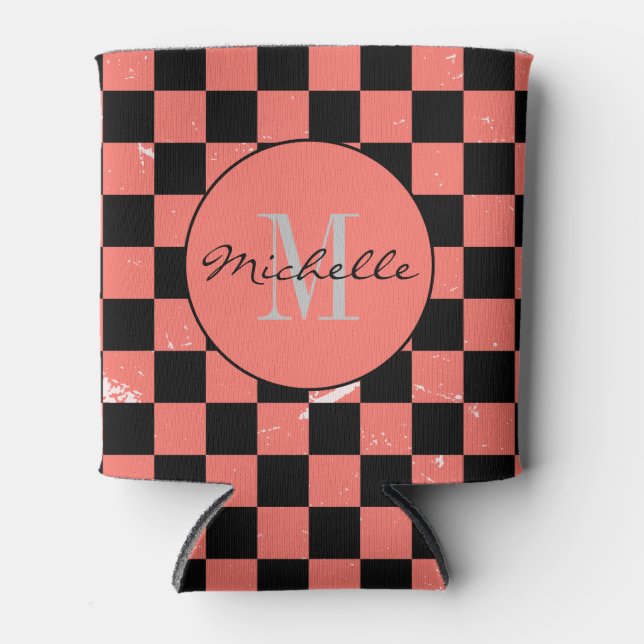Personalised pink and black Chequerboard Pattern  Can Cooler (Front)