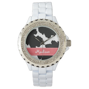 Personalised Pink and  Black Cow Print Watch