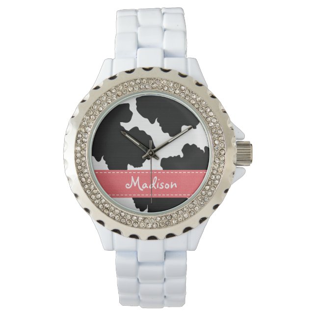 Personalised Pink and  Black Cow Print Watch (Front)
