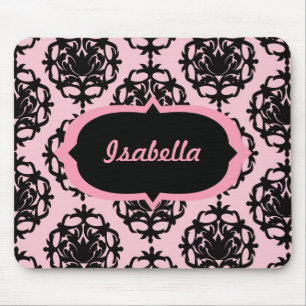 Personalised Pink and Black Damask Mousepad