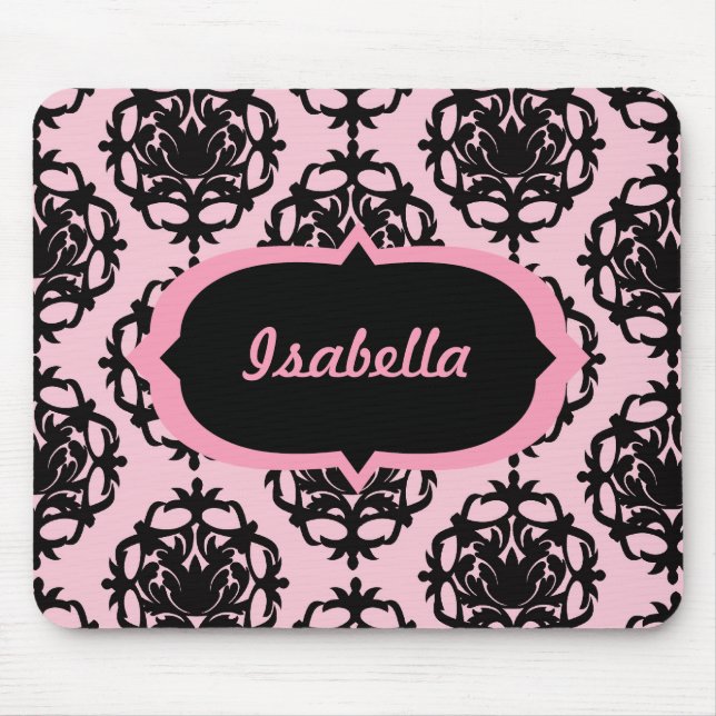 Personalised Pink and Black Damask Mousepad (Front)