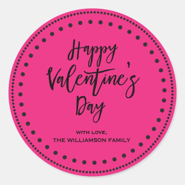Personalised Pink and Black Happy Valentine's Day Classic Round Sticker (Front)