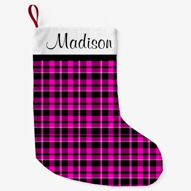 Personalised Pink and Black Plaid Tartan Small Christmas Stocking (Front)