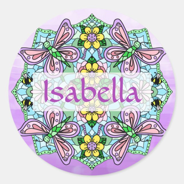 Personalised Pink and Blue Butterfly Mandala   Classic Round Sticker (Front)