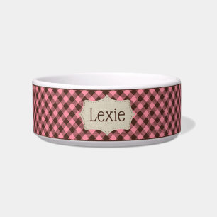 Personalised Pink and Brown Plaid Pet Bowl