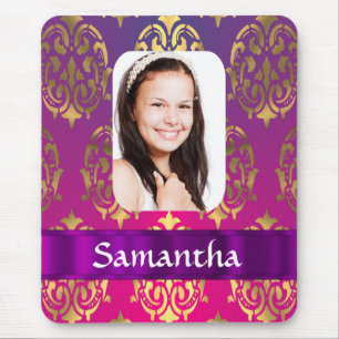 Personalised pink and gold damask pattern mouse pad