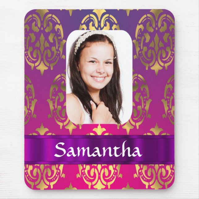 Personalised pink and gold damask pattern mouse pad (Front)