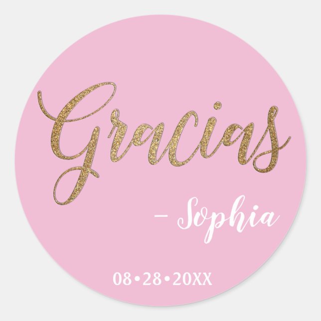 Personalised Pink and Gold Gracias Script Classic Round Sticker (Front)