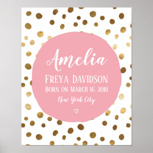 Personalised Pink and gold spot birth poster print