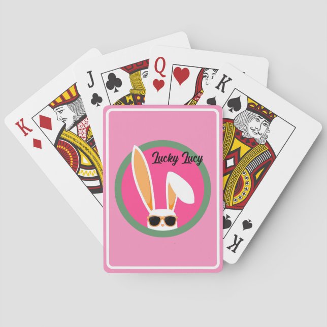 Personalised Pink and Green Lucky White Rabbit Playing Cards (Back)