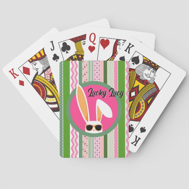 Personalised Pink and Green Lucky White Rabbit Playing Cards (Back)