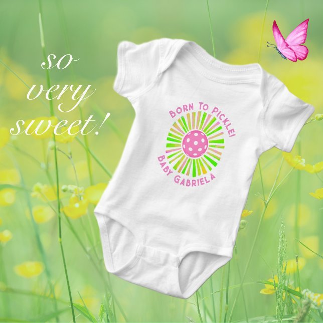 Personalised Pink and Green Pickleball  Baby Girl Baby Bodysuit (For the sweetest little pickleballer! Personalize text on front and back.)