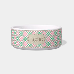 Personalised Pink and Green Plaid Pet Bowl