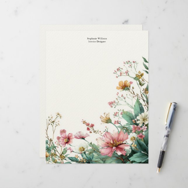 Personalised Pink and Green Wildflowers Florals  Custom Letterhead (Front/Back In Situ)