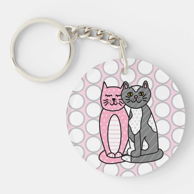 Personalised Pink and Grey Cuddly Cute Kitty Cats  Key Ring (Front)