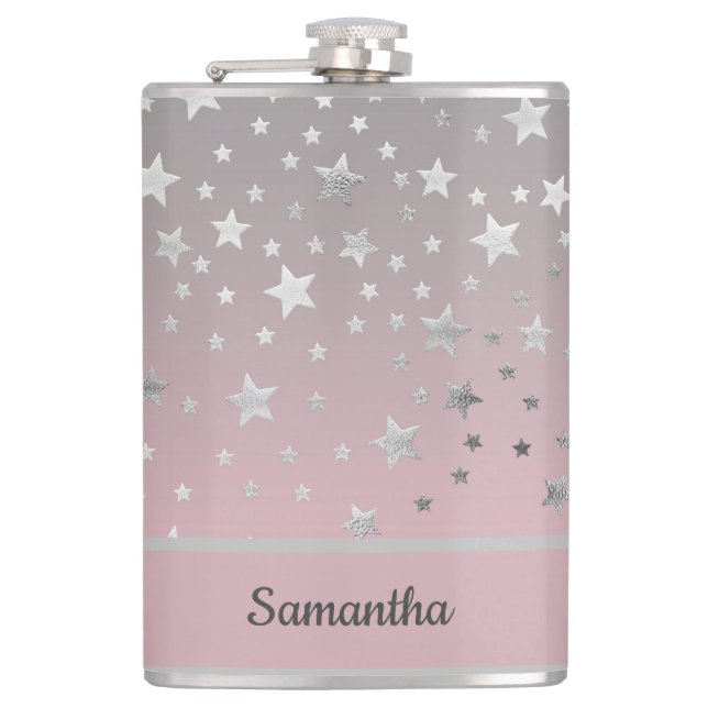 Personalised Pink And Grey Stars Stylish Chic  Hip Flask (Front)