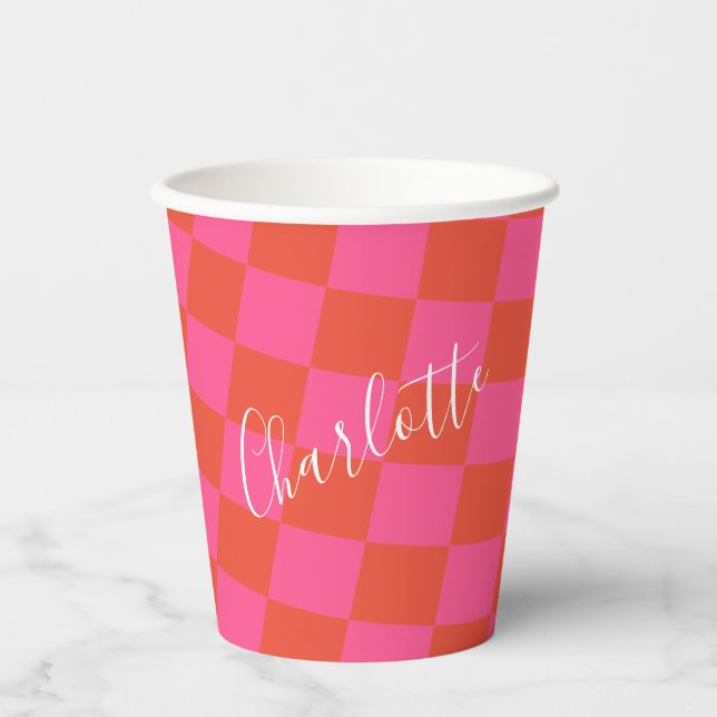 Personalised Pink and Orange Chequerboard Pattern  Paper Cups (Front)