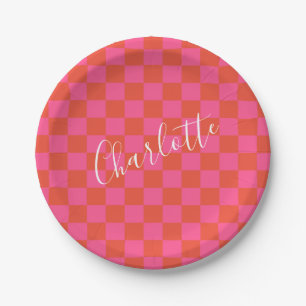 Personalised Pink and Orange Chequerboard Pattern Paper Plate