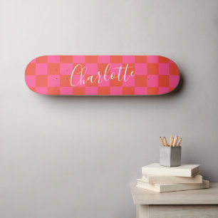 Personalised Pink and Orange Chequerboard Pattern  Skateboard