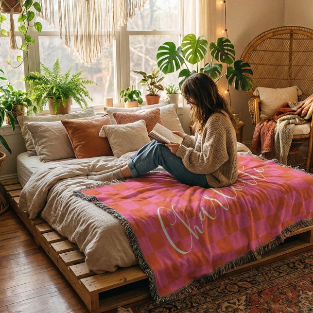 Personalised Pink and Orange Chequerboard Pattern  Throw Blanket (Creator Uploaded)