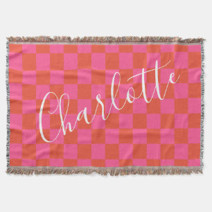 Personalised Pink and Orange Chequerboard Pattern  Throw Blanket