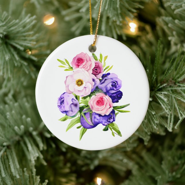 Personalised Pink and Purple Flowers Christmas Ceramic Ornament (Tree)