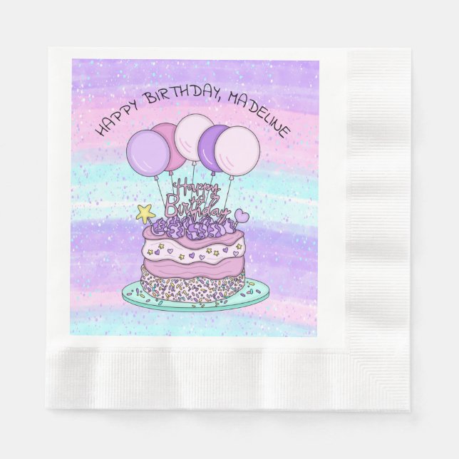 Personalised Pink and Purple Happy Birthday  Napkin (Front)