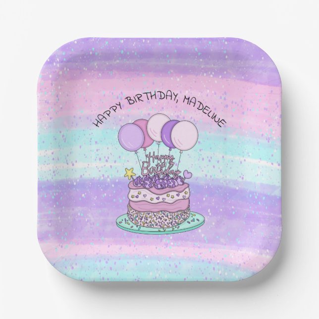 Personalised Pink and Purple Happy Birthday  Paper Plate (Front)