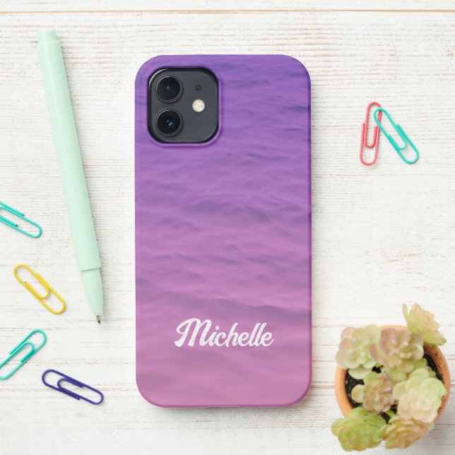 Personalised Pink And Purple Sea iPhone Case (On Desk)