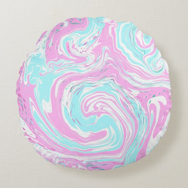 Personalised Pink and Teal Marble Swirl Fluid Art Round Cushion (Front)