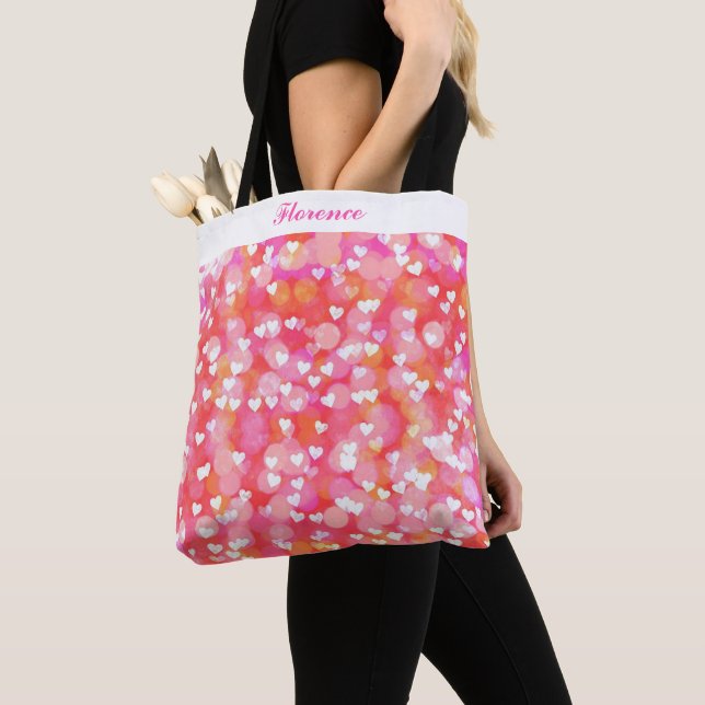 Personalised Pink and White abstract Hearts Tote Bag (Close Up)