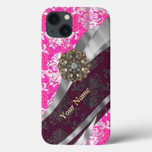 Personalised pink and white damask pattern iPhone 13 case