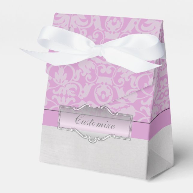 Personalised Pink and White Damask Tent Favour Box (Front Side)
