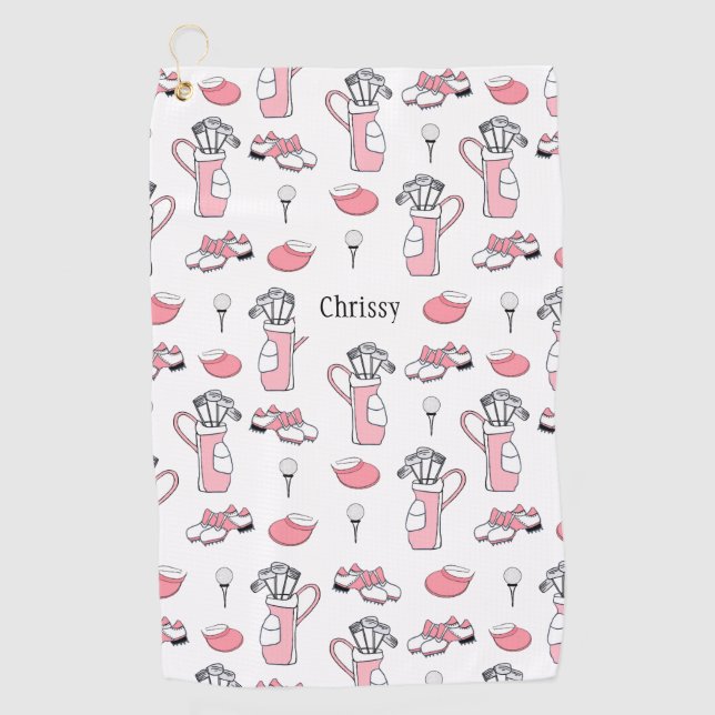 Personalised Pink and White Golf Theme Ladies Golf Towel (Front)
