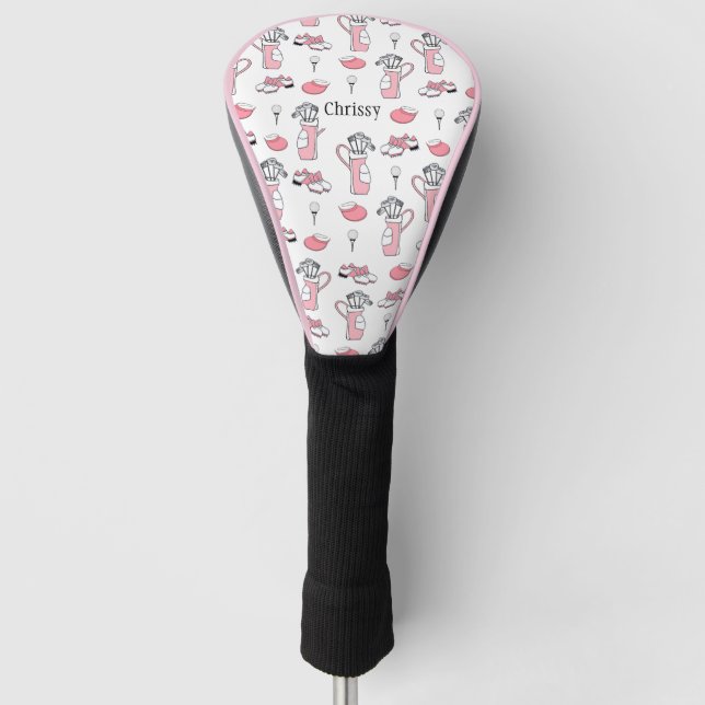 Personalised Pink and White Golf Theme Ladies Head Cover (Front)