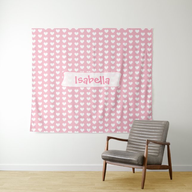 Personalised Pink and White Hearts Wall Tapestry (In Situ (Horizontal))