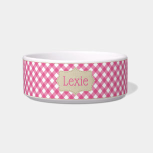 Personalised Pink and White Plaid Pet Bowl