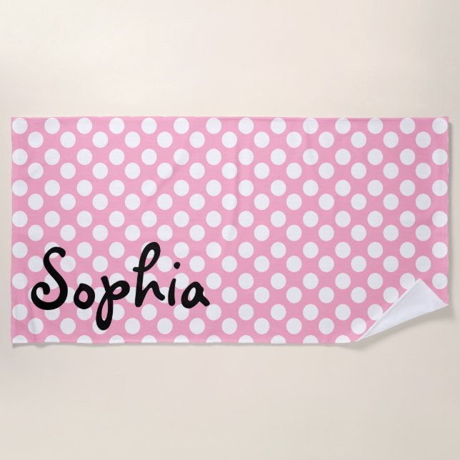 Personalised Pink and White Polka Dot Beach Towel (Front)