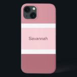 Personalised Pink And White Stripes Modern iPhone 13 Case<br><div class="desc">Cute and stylish cell phone case with a pink and white stripe pattern. Multiple shades of large pink stripes plus small white stripes. Personalised with your name printed in a rose text.</div>