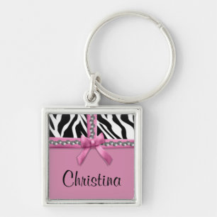 Personalised Pink And White Zebra Stripes And Gems Key Ring