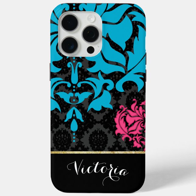 Personalised Pink Aqua Black and Gold iPhone Case (Back)